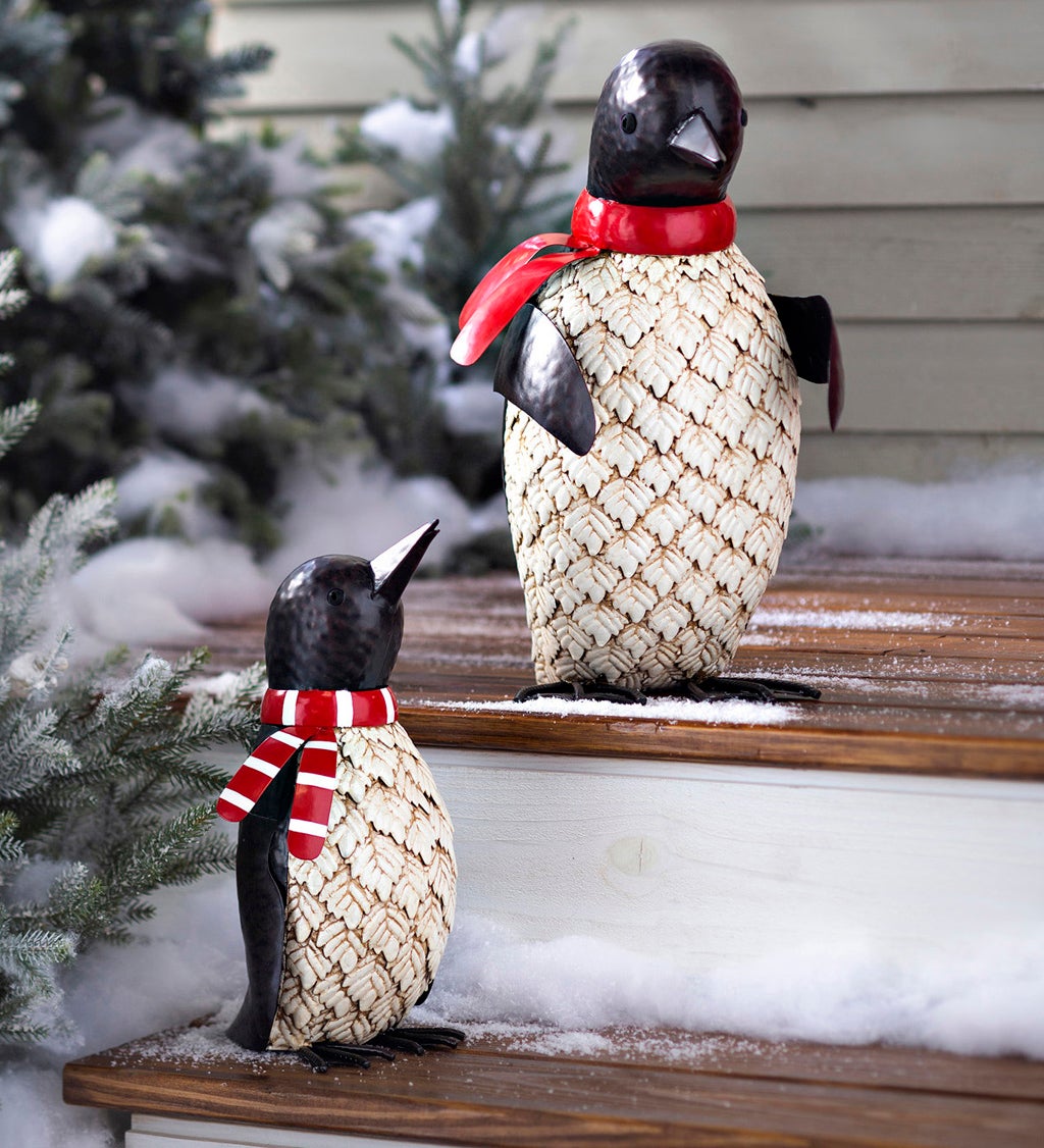 Metal Holiday Penguin Statues, Set of 2