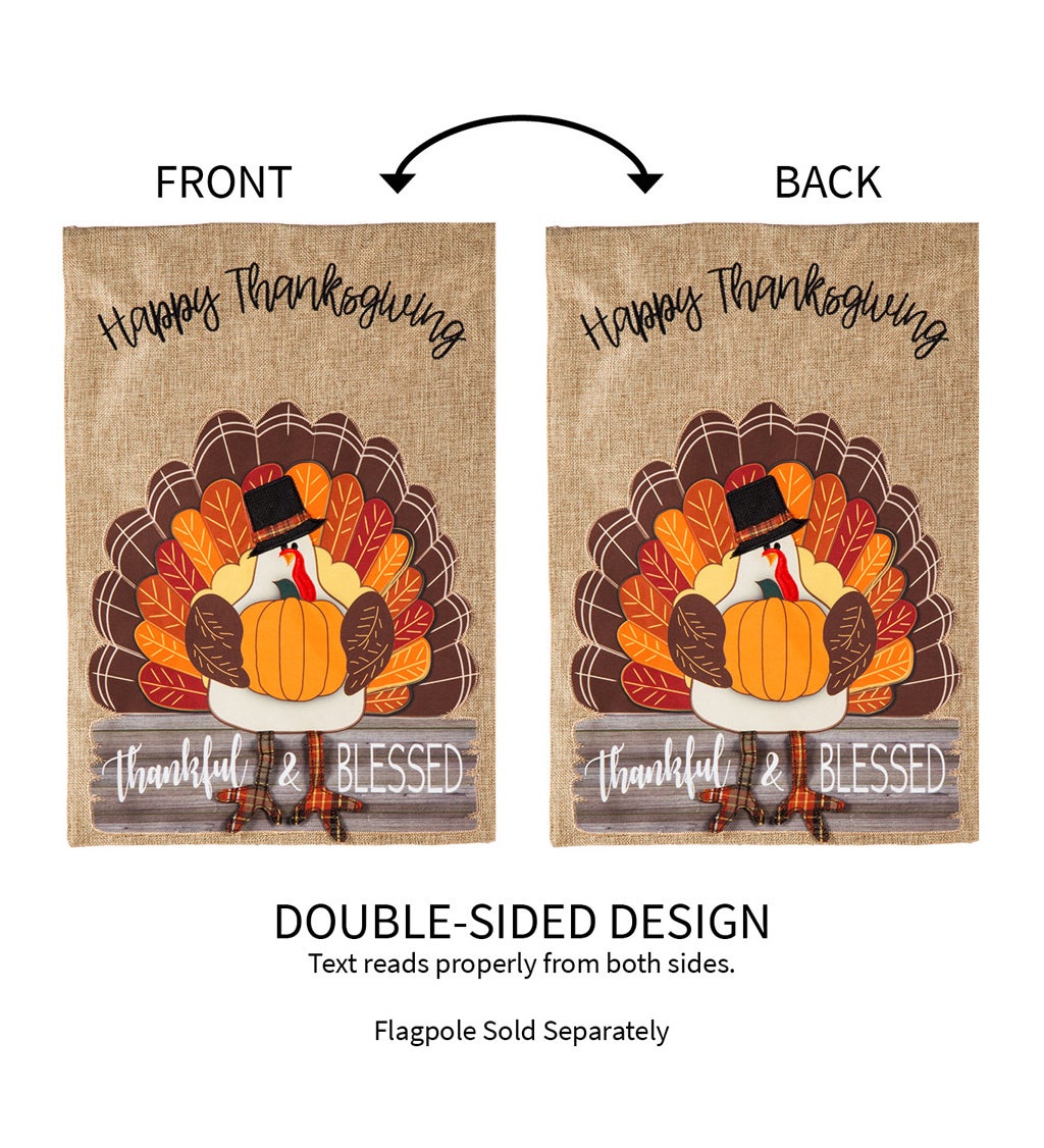 Thankful and Blessed Turkey Burlap House Flag