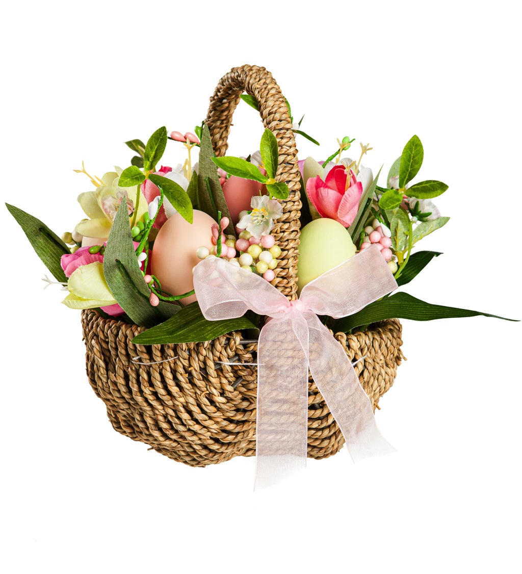 Tulips and Eggs in Rattan Basket Table Decor