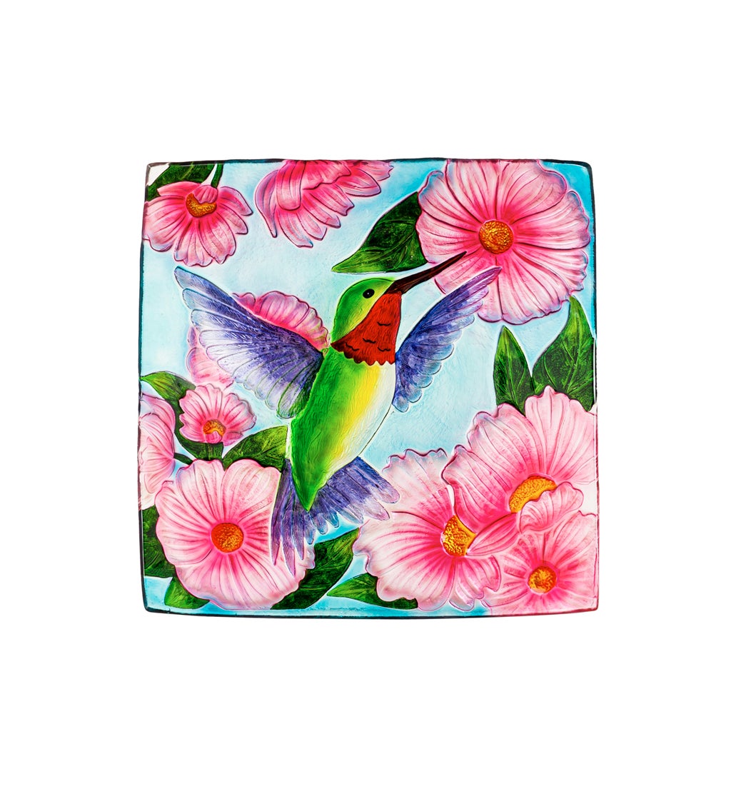 16.5" Hand Painted and Embossed Square Birdbath, Hummingbird with Flowers
