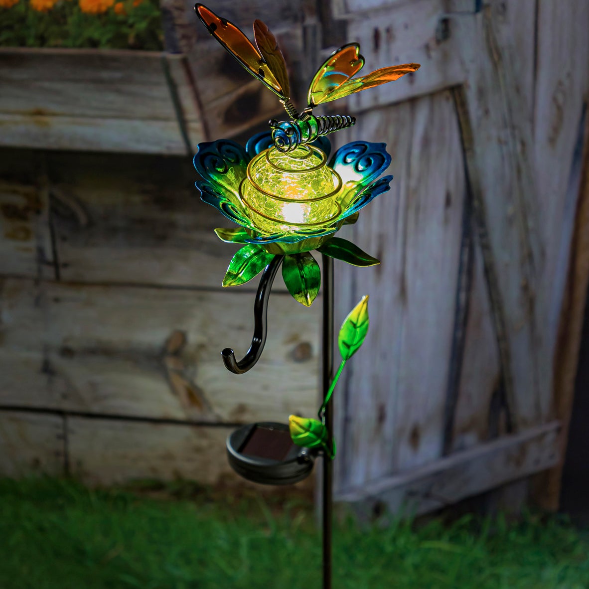 37"H Solar Butterfly and Shepherds Hook Garden Stake, Dragonfly