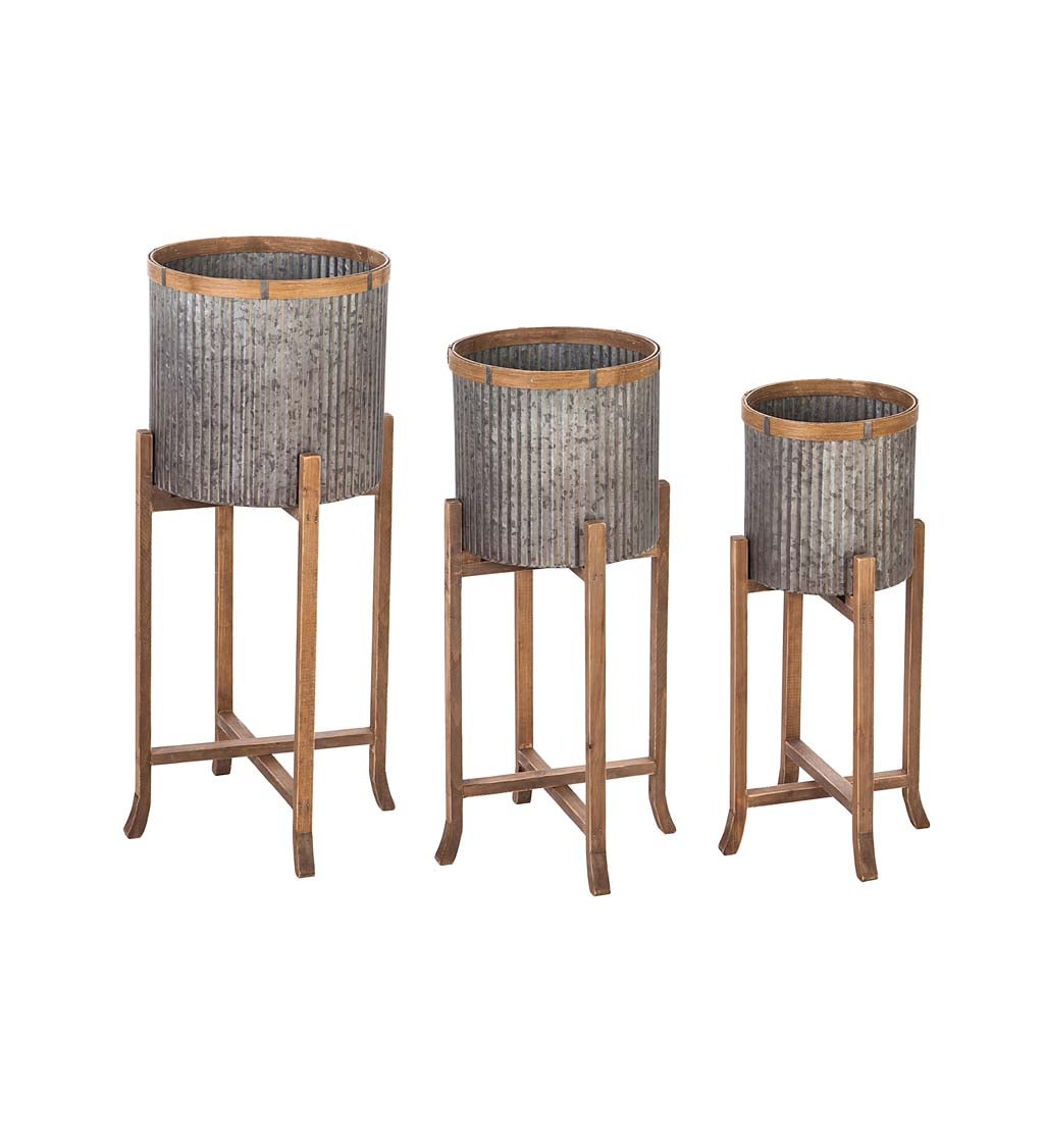 Corrugated Galvanized Metal Planters with Wooden Stand, Set of 3