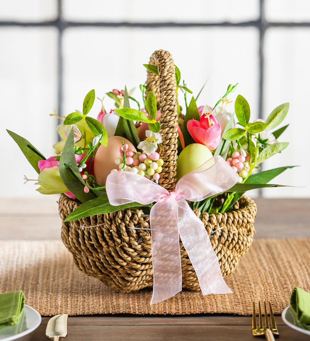 Tulips and Eggs in Rattan Basket Table Decor