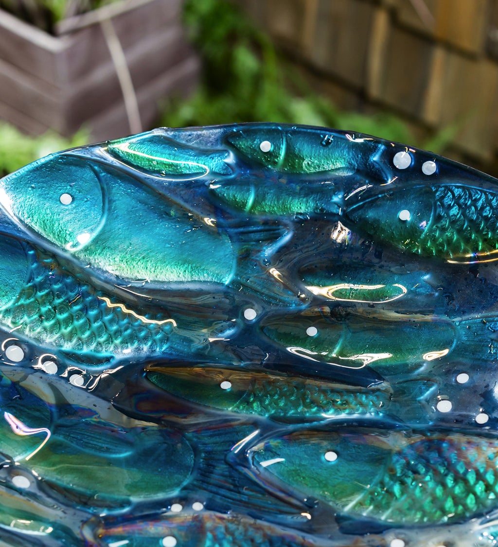 18" Hand Painted Embossed Glass Birdbath, Metallic Fish