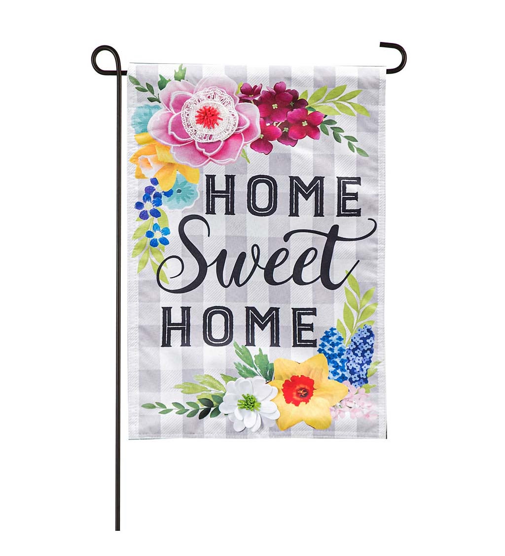 Home Sweet Home Plaid Floral Garden Linen Flag