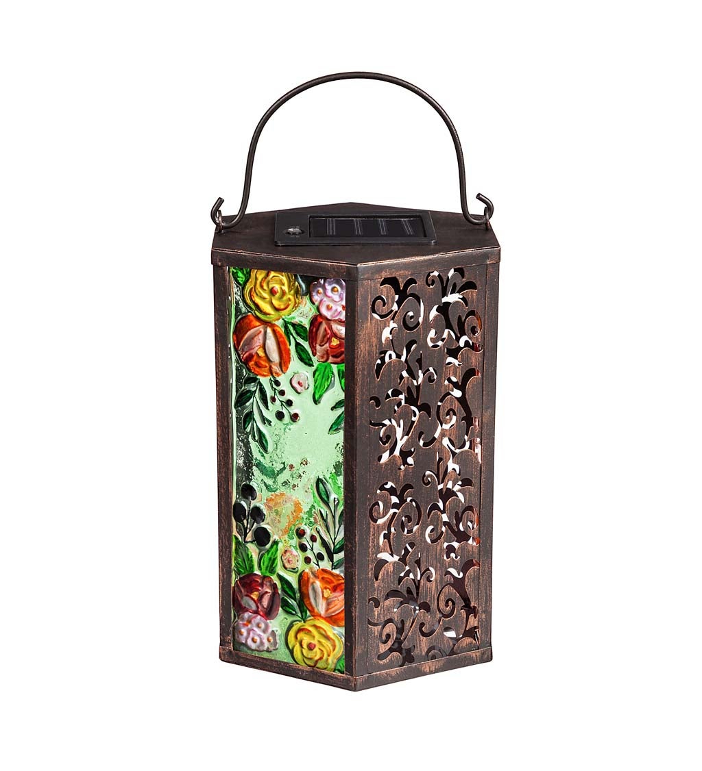 Handpainted Embossed Glass and Metal Solar Lantern, Soft Florals