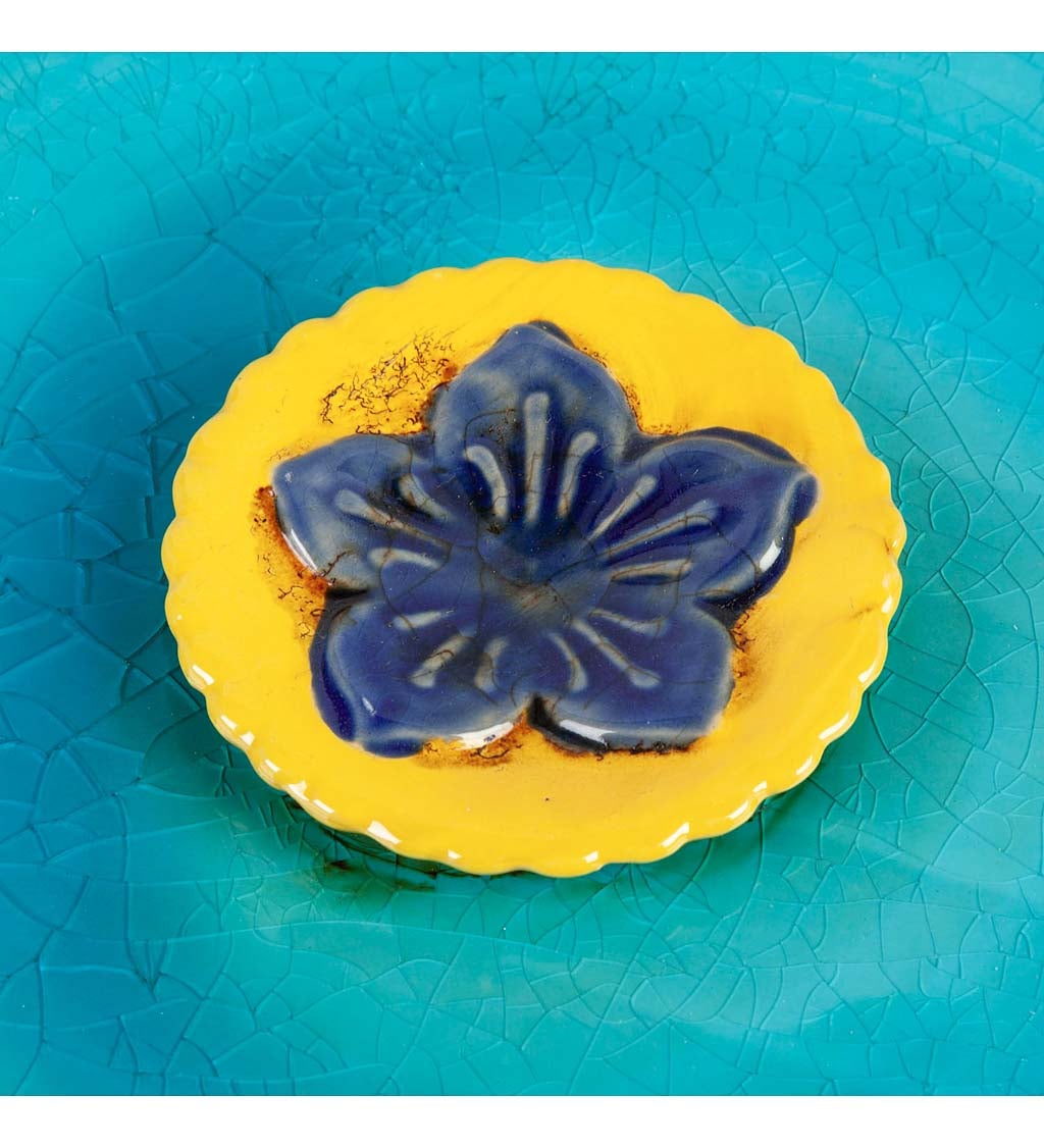 Turquoise with Yellow Flower Ceramic Bee Bath