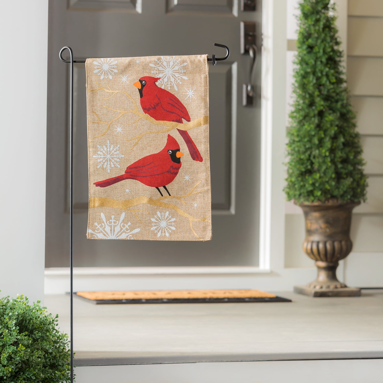 Evergreen Burlap cardinal Feathers and Snow Garden Flag 12.5 x 18 inches flag 