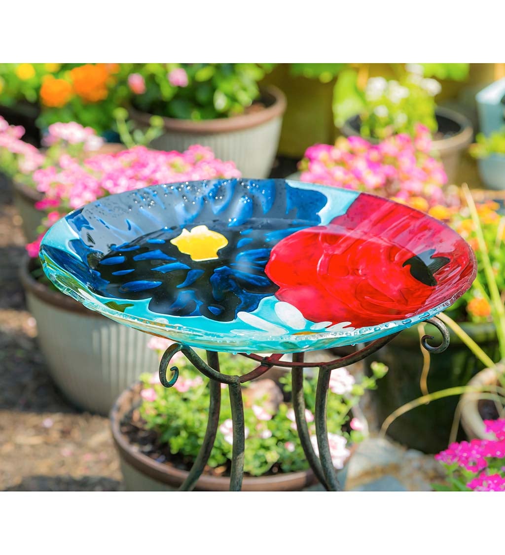 18" Hand Painted Embossed Glass Bird Bath, Red/White/Blue Florals
