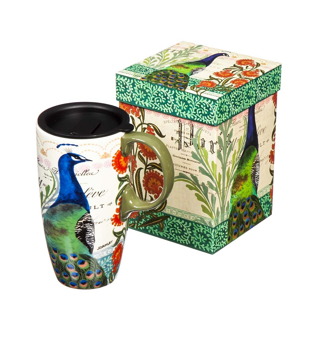 Proud Peacocks Boxed Ceramic Latte Travel Mug 17 oz.