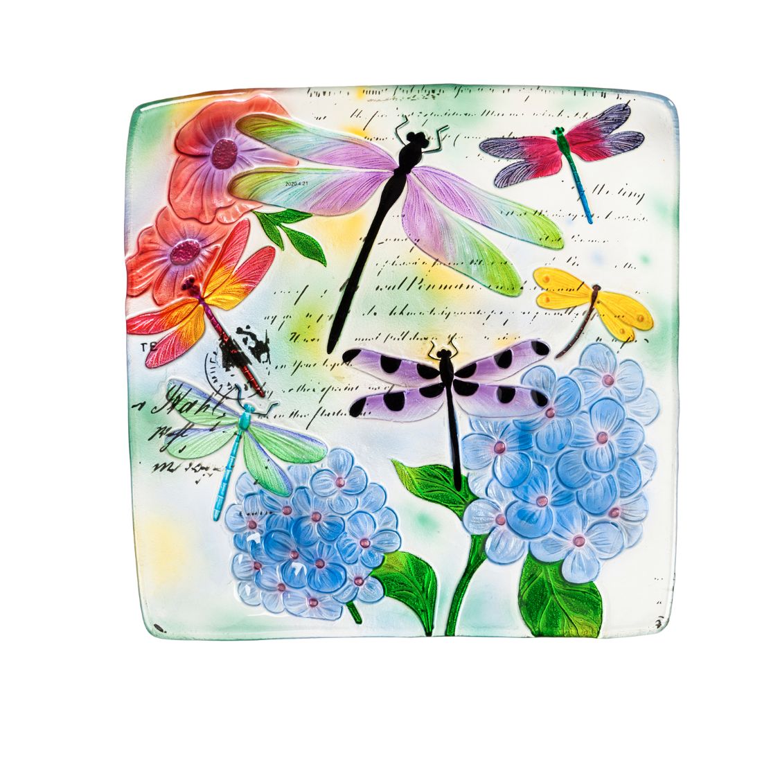 16.5" Hand Painted Embossed Square Glass Bird Bath, Dragonfly Prints