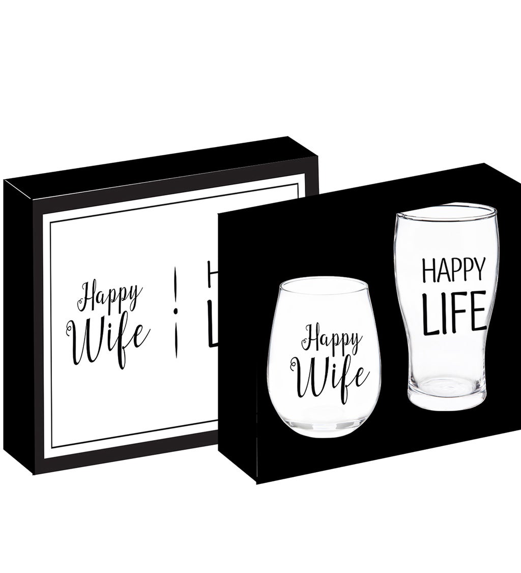 Stemless 17 oz Wine Glass&Beer 16 oz Cup Gift Set, Happy Wife/Happy Life