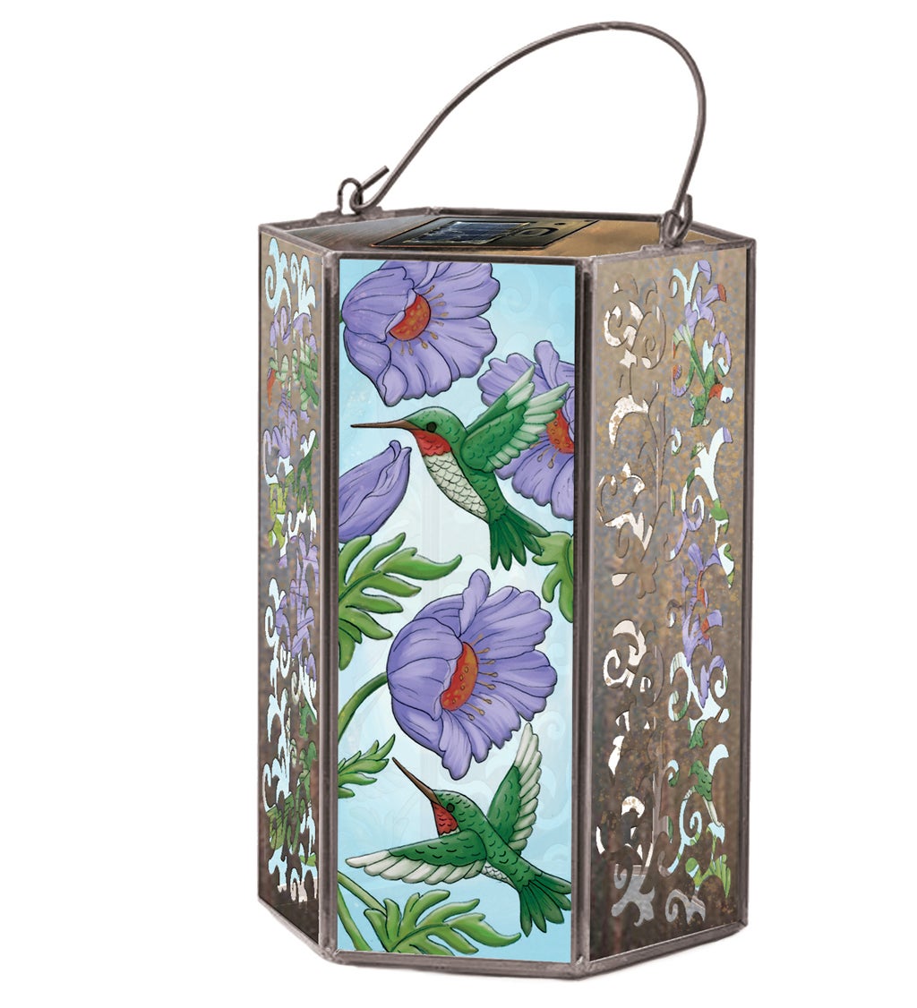 Handpainted Embossed Glass and Metal Solar Lantern, Hummingbird and Purple Florals