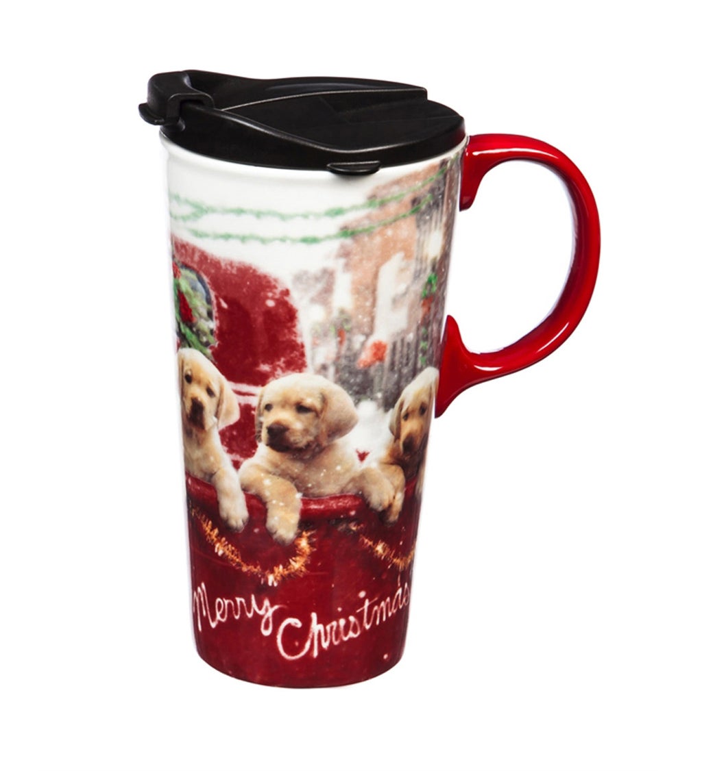 Lab Puppies in Red Truck 17 oz Ceramic Travel Cup