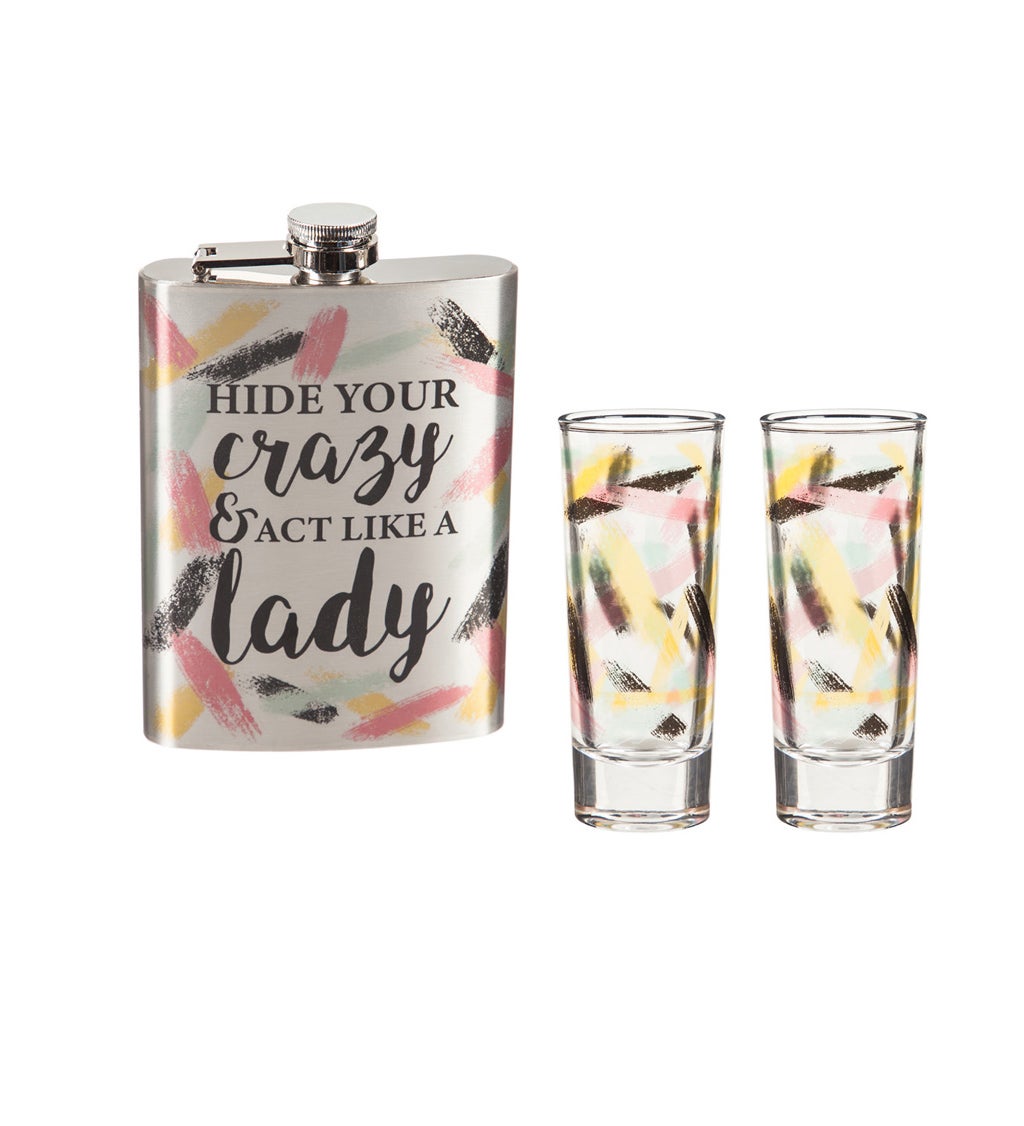 8 oz Stainless Flask with 2oz Glass Shooters, Hide Your Crazy
