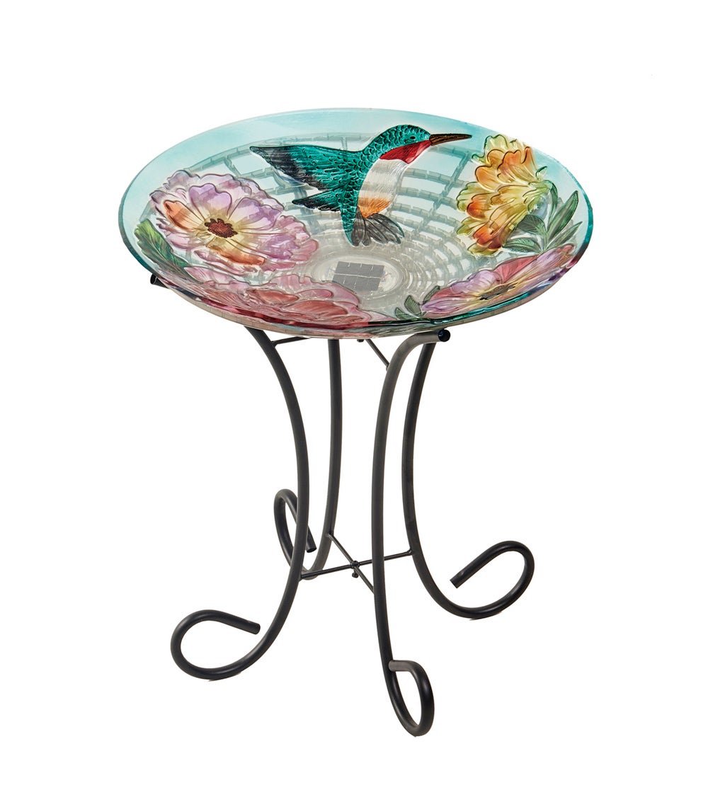18" Floral Hummingbird Solar Hand Painted Embossed Glass Bird Bath with Stand