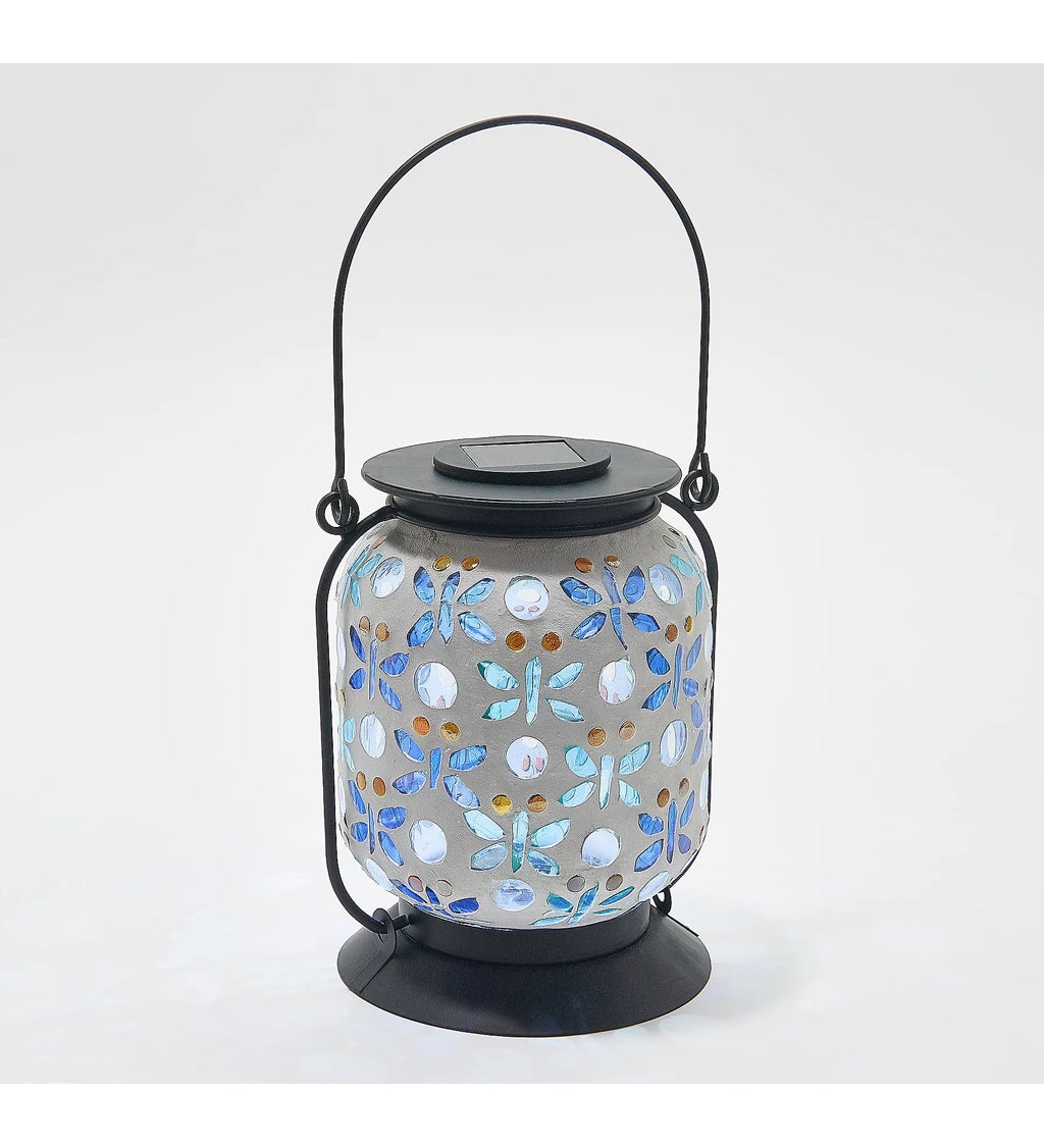 Mosaic Solar Glass Lantern with Shepherd Hook, Dragonfly