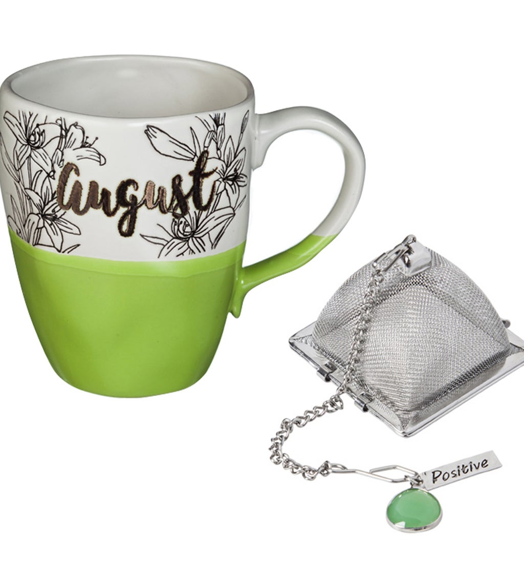 Ceramic Birthday Cup w/ metallic accent, Tea Charm, and box, 16 oz., August