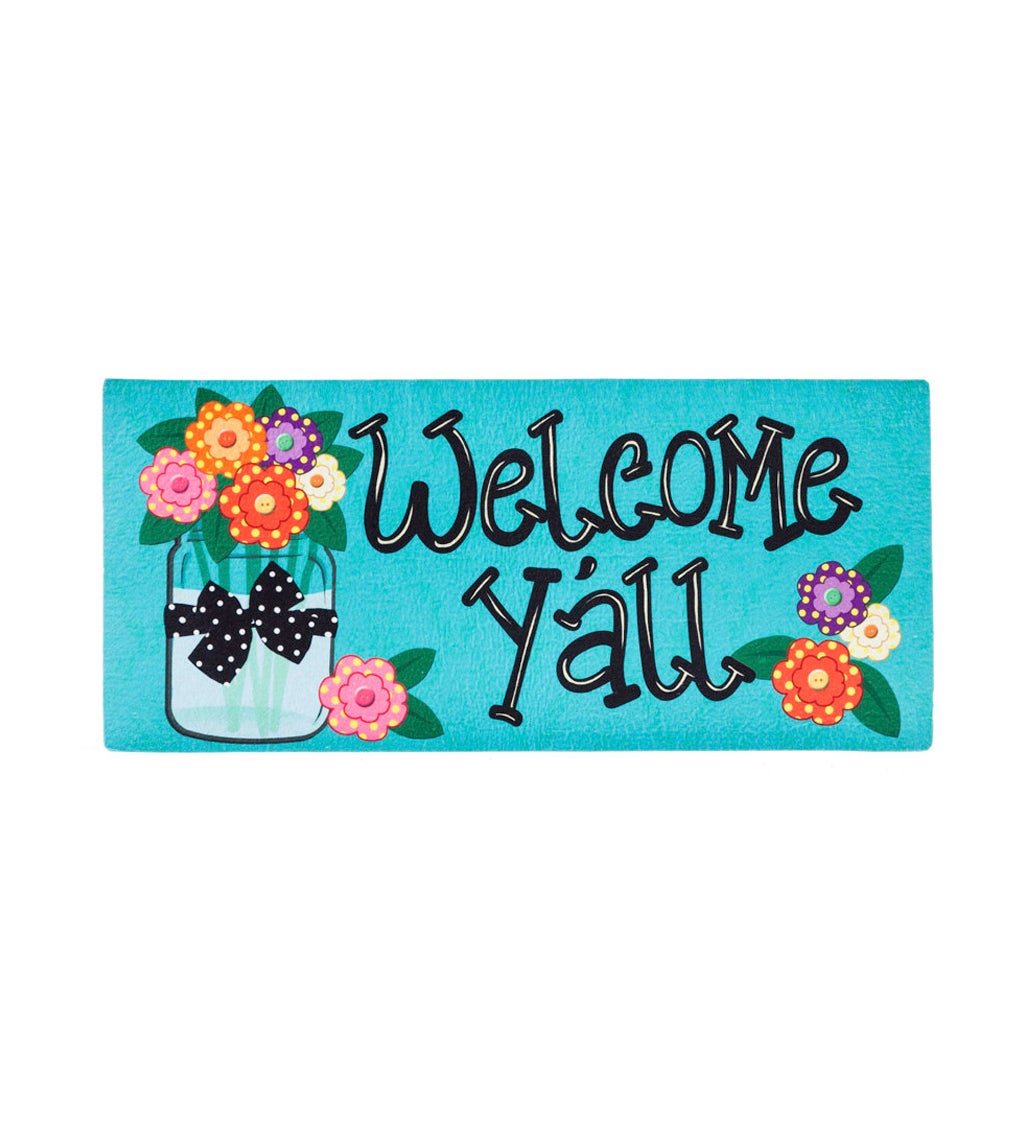 Welcome Y'all with Polka Dot Flowers Decorative Mat Insert, 10 x 22 inches