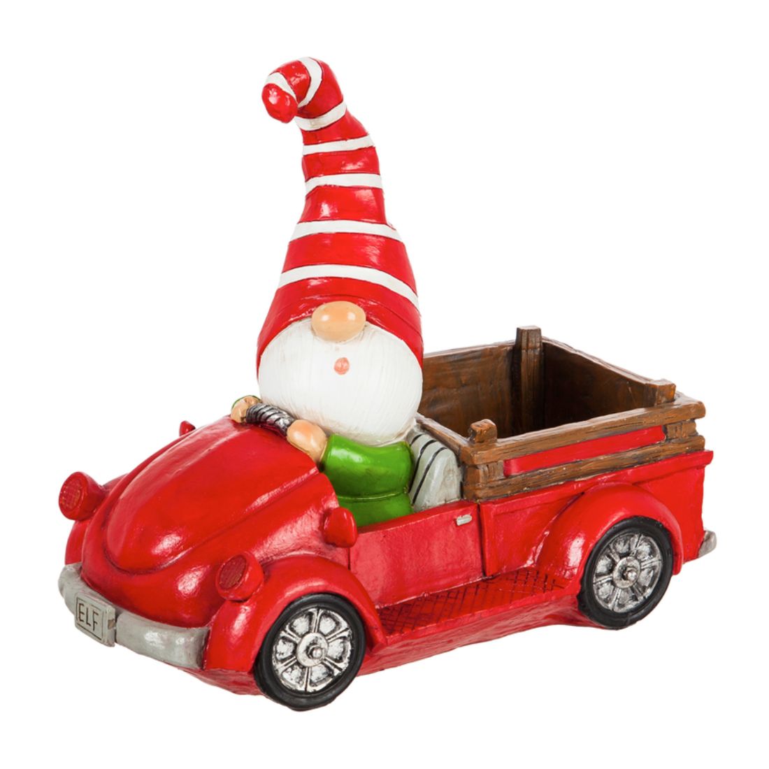 LED Battery Operated Holiday Gnome Driving Red Truck with Classic Poinsettia