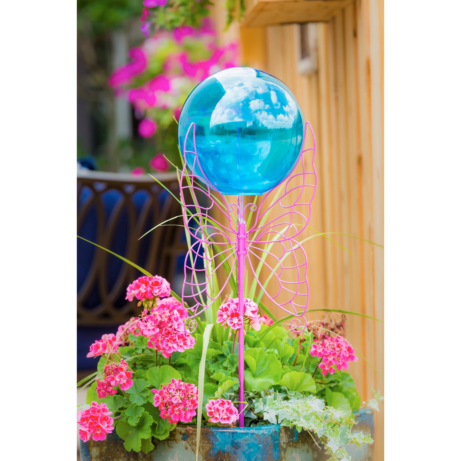 Blue Glass Gazing Ball with Purple Butterfly Metal Stand | MyEvergreen