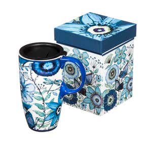 Ceramic Mug with Lid and Handle,17oz. Tall Coffee Cup for Home,Party and  Birthday,Blue Flower 
